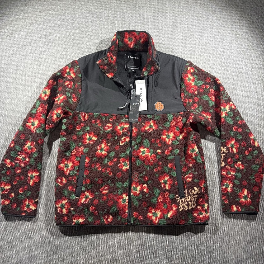 Reason Jacket Mens Medium Multicolor Floral Fleece Full Zip Bomber Pockets